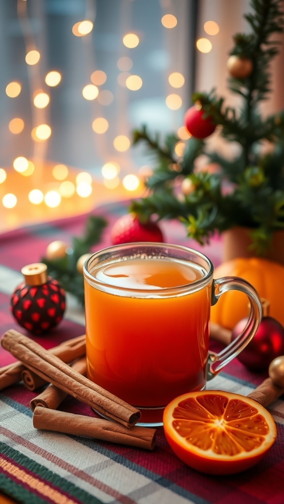 A steaming mug of spiced apple cider with cinnamon sticks and orange slices, surrounded by Christmas decorations.